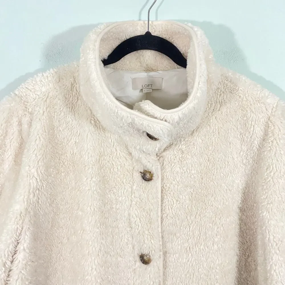 LOFT Women's Cream Button Up Sherpa Funnel Neck Jacket Size XL